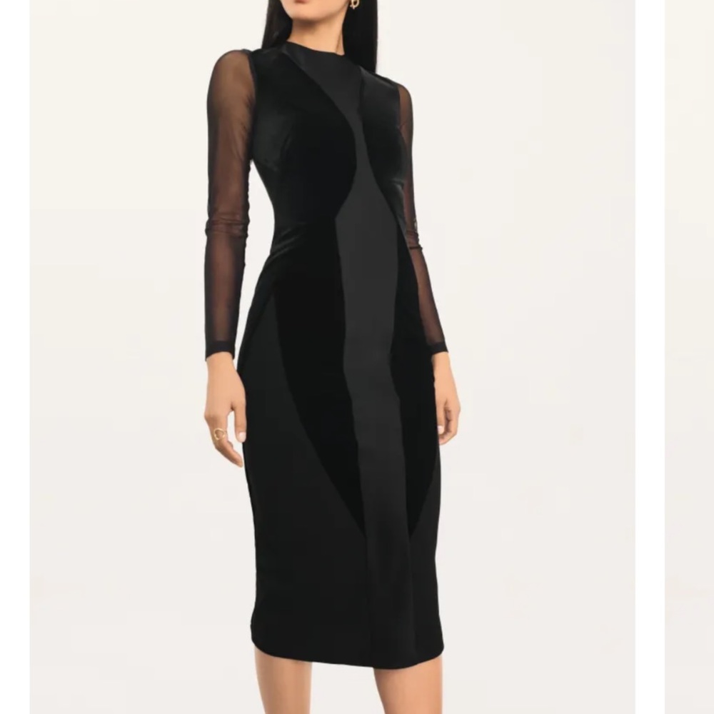 Donna Karan Black Paneled Sheer-Sleeve Midi Dress